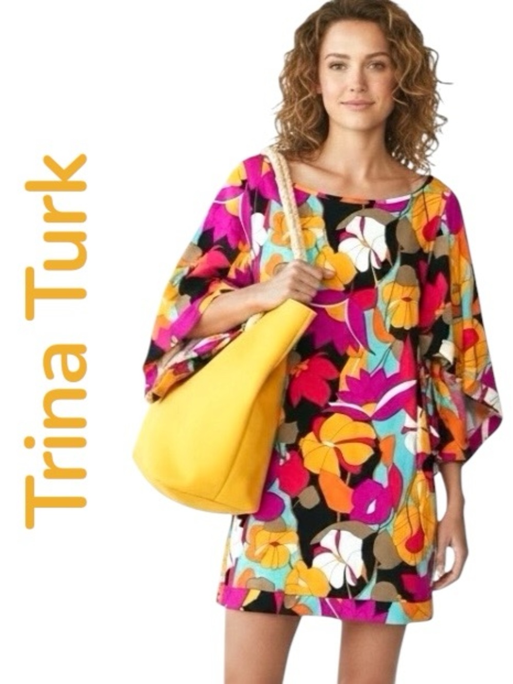 Trina Turk Gemini Swim CoverUp Tunic Dress Resort Dolman Sleeves Colorful Sz L